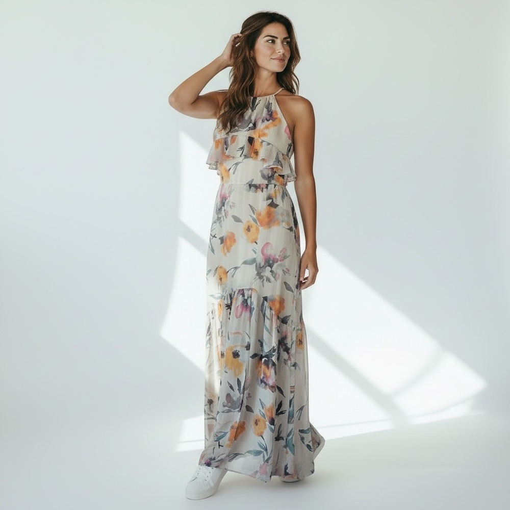 BCBG Generation Floral Maxi Dress Halter Ruffle Size 4